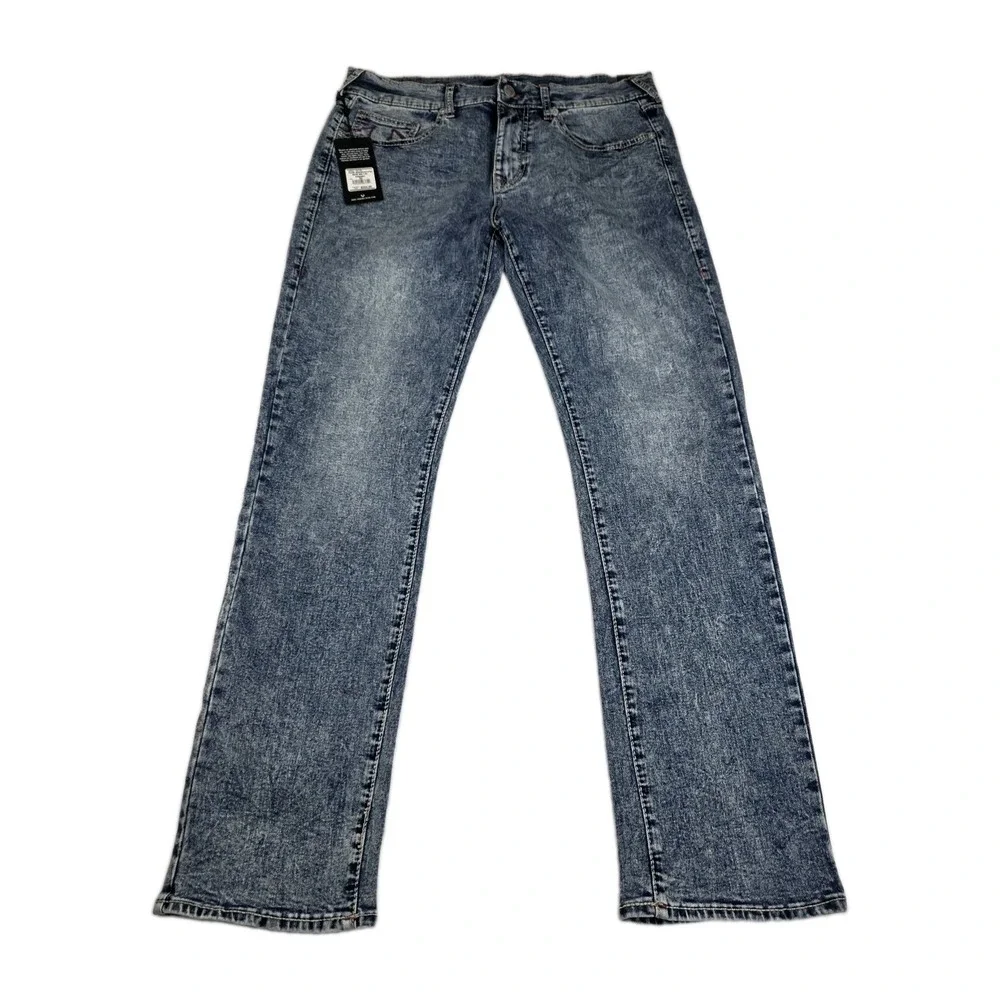 True Religion Jeans Mens 34 Ricky Big T Relaxed Straight Medium Aventurine Blue
